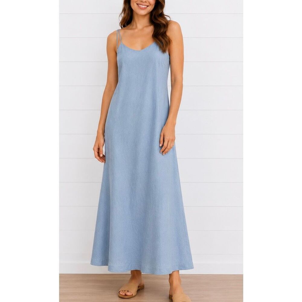 VINTAGE INC international concepts 100% linen blue lined cross back midi dress s